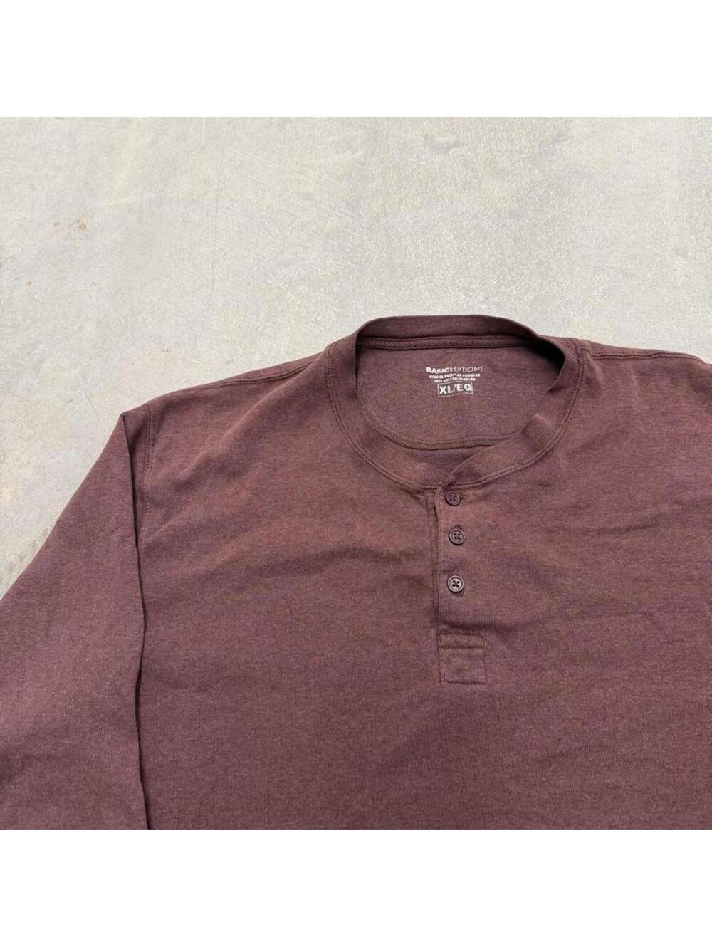 Y2K Basic Editions Henley Shirt Mens XL Maroon Long Sleeve 3 Button Casual Tee